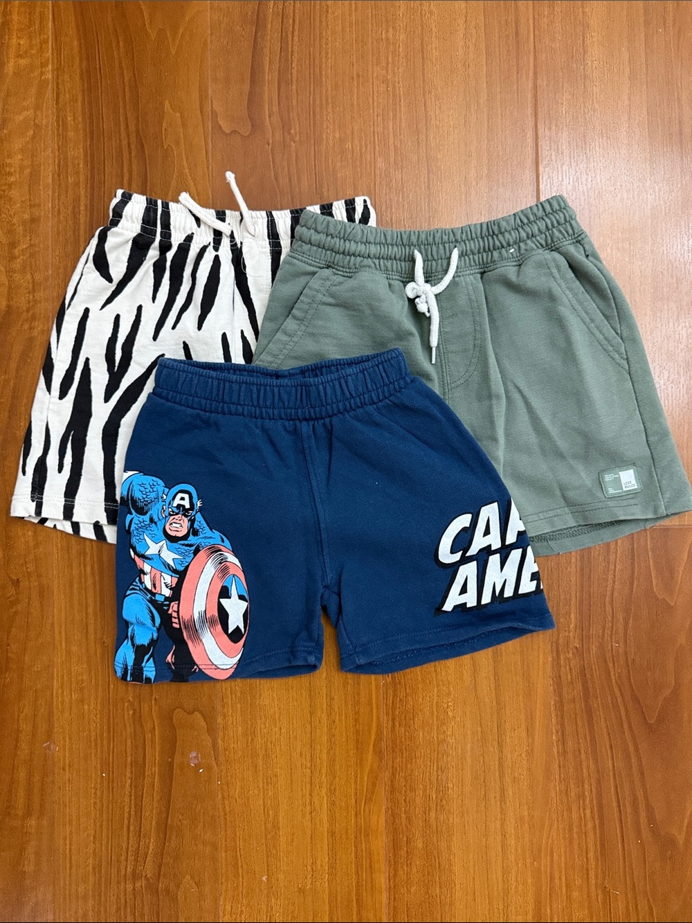 Zara Kids Three-Pack Shorts — Navy, Olive, Black/White Zebra